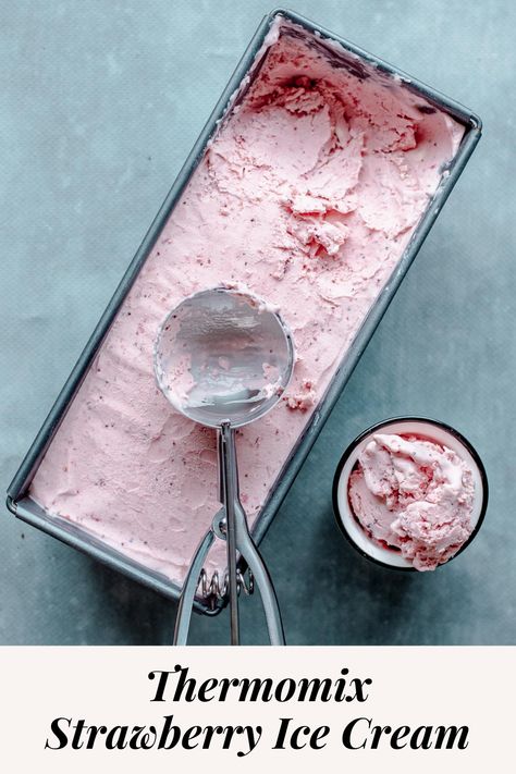 Get ready for summer with this soft and creamy Thermomix Strawberry Ice Cream. With only four ingredients, it's a breeze to make and will please everyone. Thermomix Gelato Recipe, Thermomix Ice Cream, Thermomix Ice Cream Recipes, Tm6 Recipes, Thermomix Recipes Dinner, Thermomix Recipes Healthy, Ice Cream Inspiration, Strawberry Ice Cream Recipe, Thermomix Baking