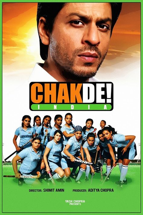 A motley, ragtag women's hockey team from India triumphs against all odds in the World Cup Hockey Tournament, coached by a former India player looking for redemption. India Movie Poster, Chak De India, Hindi Bollywood Movies, Old Film Posters, India Poster, Best Movie Posters, Famous Movies, Bollywood Movie, Hindi Movies