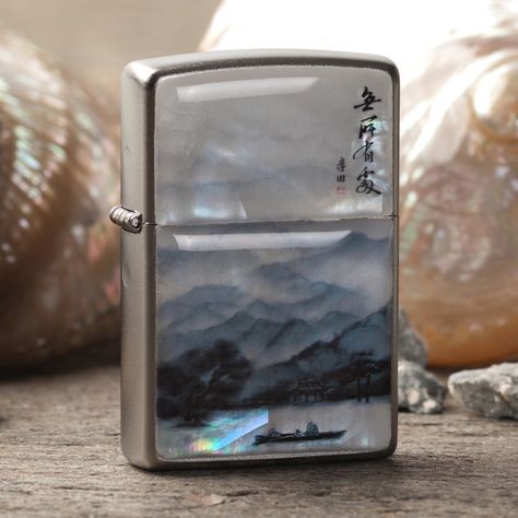 Mother of Pearl Row Boat on Lake Zippo Cigarette Lighter | Antique Alive Store Boat On Lake, Mirror Letters, Baby Mirror, Pottery Jars, Cool Lighters, Lake Painting, Asian Painting, Ceramic Bottle, Metal Bookmarks