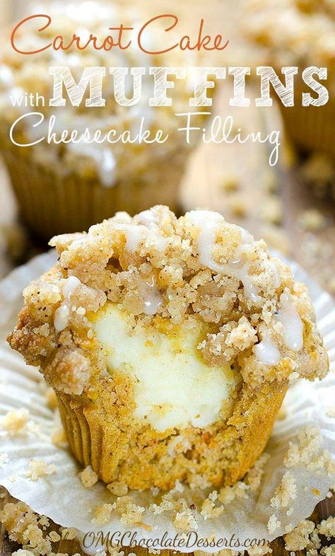 Carrot Cake Muffin Recipe - With Cheesecake Filling and Streusel Crumbs Carrot Cake Muffin Recipe, Moist Carrot Cake, Moist Carrot Cakes, Carrot Cake Muffins, Cinnamon Streusel, Cake Muffins, Cheesecake Filling, Sweet Breads, Streusel Topping