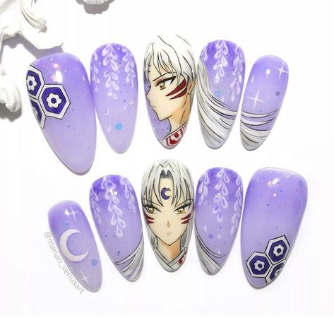 Sesshomaru Nails, Spy X Family Nails, Inuyasha Nail Art, Inuyasha Nails, Shinobu Nails, Anime Nail, Popular Nail Art, Anime Nails, Pretty Gel Nails