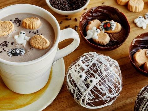 Food Network Halloween Recipes, Halloween Hot Cocoa, Halloween Bonfire, How To Temper Chocolate, Halloween Party Ideas, Bombe Recipe, Hot Cocoa Mixes, Chocolate Sprinkles, Chocolate Bomb