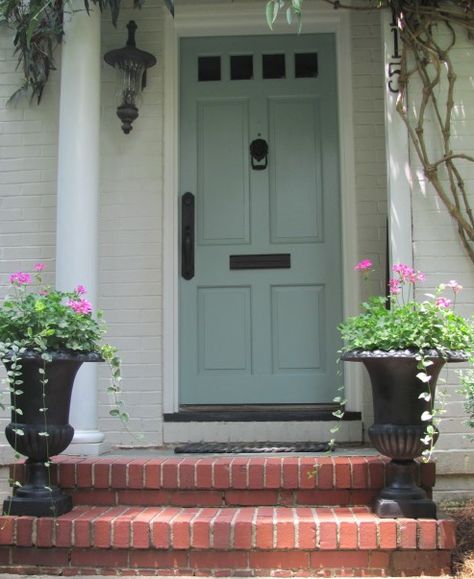 Painted front door Benjamin Moore Wythe Blue, Porch Planter, Wythe Blue, Blue Front Door, 4 September, Garage Entry, Door Paint Colors, 21 June, Painted Front Doors