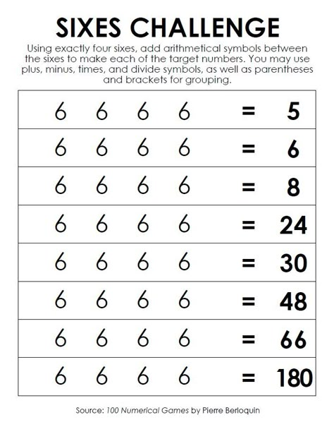 Sixes Number Challenge | Math = Love Junior High Math, Math Logic Puzzles, Classroom Anchor Charts, Elementary Learning, Math Challenge, Basic Math Skills, Math Work, Studying Math, Maths Puzzles