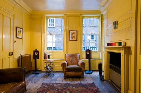 Georgian Panelling, Wood Wall Paneling, Yellow Furniture, Black Fireplace, New Paint Colors, Yellow Wood, Yellow Curtains, Interior Design Images, Yellow Living Room