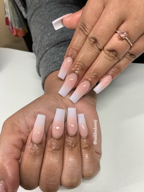 Neutral Ombre Nails Square, Ombre Set Nails, Beautiful Ombre Nails, Ombre White Nails With Design, Classic Nail Set, Ombre Acyrilics Nails, Medium Ombré Nails, Classic Ombre Acrylic Nails, Short Ombre Nails Coffin