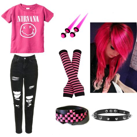 Pink Nirvana tee, Black ripped jeans, Pink and Black studded belt, Spiked Choker, Pink hair, Pink and Black Striped Gloves, Pink ear tapers #emo #alternative #outfits #ootd #scene # Pink Studded Belt Outfit, Black And Pink Clothes, Pink Emo Outfits, Scene Aesthetic Outfits, Pink Punk Outfits, Black And Pink Outfit, Nirvana Outfit, Pink And Black Outfit, Pink Nirvana