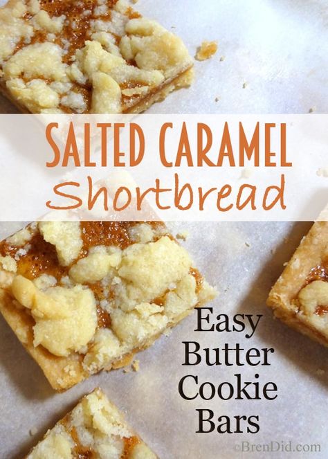 Salted Caramel Shortbread - this easy recipe makes a big batch of buttery, salted-caramel bar cookies perfect for Christmas or everyday.  via @brendidblog Salted Caramel Butter Bars, Caramel Shortbread Bars, Caramel Butter Bars, Caramel Butter, Salted Caramel Bars, Butter Cookies Easy, Shortbread Cookies Christmas, Caramel Shortbread, Chocolate Shortbread Cookies