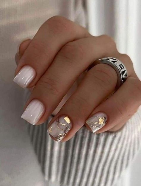 Milky White Nails, White Nails With Gold, Milky Nails, Sassy Nails, Plaid Nails, Work Nails, Blush Nails, Foil Nails, Marble Nails