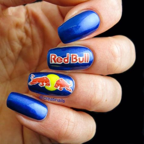 Red Bull Nails F1, Red Bull Nails, Car Nails Designs, Redbull Nails, F1 Nails Designs, F1 Inspired Nails, Formula One Nails, Formula 1 Nail Art, Race Car Nails