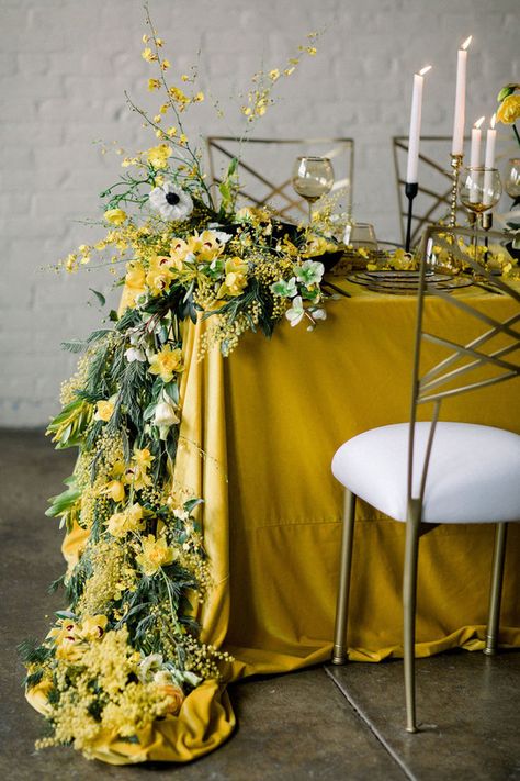 modern black and yellow wedding ideas | Browse Wedding & Party Ideas | 100 Layer Cake Mustard Yellow Wedding, Green Spring Wedding, Yellow Wedding Decorations, Wedding Table Garland, Yellow Wedding Inspiration, Yellow Wedding Theme, Table Garland, Yellow Wedding Flowers, Yellow Table