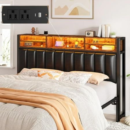 King Headboard with USB & Type C Port King Headboard Only with LED Light Headboard King with Storage Shelf King Size Headboard Only Upholstered for Bedroom, Black Headboard Lighting Ideas, Full Size Bed Headboard, Light Headboard, Bedroom Bookcase, Dorm Headboard, Charge Station, Pillow Headboard, Headboard Queen, Headboard Upholstered