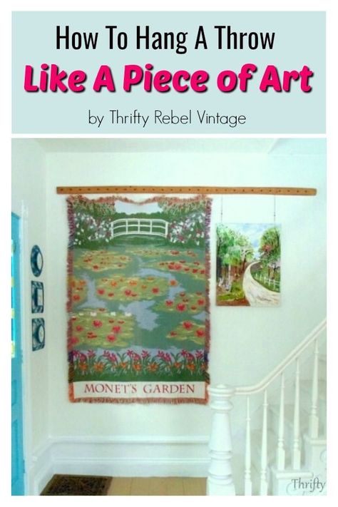 Hang a throw blanket on the wall like a piece of art.  via @thriftyrebelvintage Hanging Blankets On Wall, Traditional Curtain Rods, Blanket On Wall, Diy Home Accessories, Upcycled Projects, Hanging Ideas, Tapestry Blanket, Quilting Frames, Mirror Sign