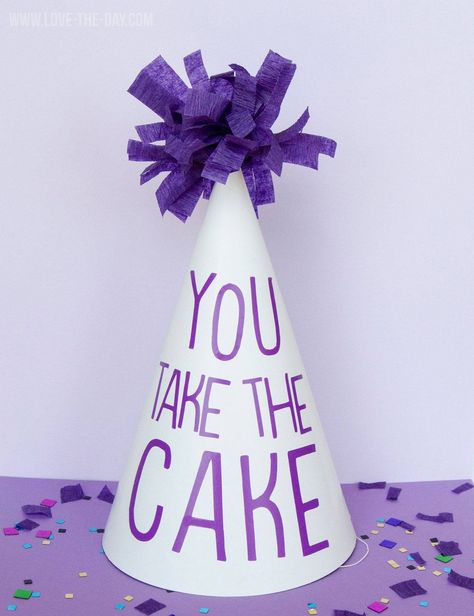 'You Take The Cake' Party Hats SVG with Cricut Explore by Love The Day Diy Party Hat, Birthday Hats, Watermelon Party, Handmade Hats, Cake Party, Paper Hat, Free Birthday, Girl Themes, Hat Ideas