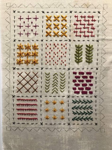 Modern Embroidery Sampler, Embroidery Boarders Ideas, Embroidery Sampler Ideas, Embroidery Sampler Pattern Free, Running Stitch Embroidery Design Ideas, French General Embroidery, Stitch Journal, Patchwork Embroidery, Basic Hand Embroidery Stitches