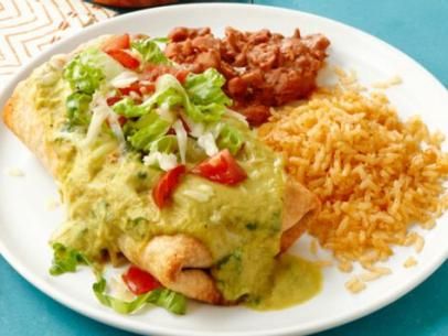 Almost-Famous Chimichangas Recipe | Food Network Kitchen | Food Network Chi Chi's, Rotisserie Chicken Salad, Marinated Pork, Famous Recipe, Small Tomatoes, Food Network Magazine, Top Recipes, Refried Beans, Almost Famous