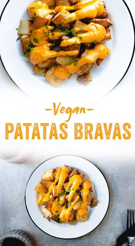 Patatas bravas are traditional Spanish tapas: fried potatoes with a warm sauce. This patatas bravas recipe is a vegan tapas rendition and just as delicious! #healthy #mealprep #vegan #tapas #vegantapas #healthytapas #patatas #patatasbravas #spanishfood #spain Vegan Tapas, Healthy Vegan Snacks, Spanish Tapas, Fried Potatoes, Vegetarian Dinner, Vegan Eating, Vegan Snacks, Vegan Dishes, Vegan Dinners