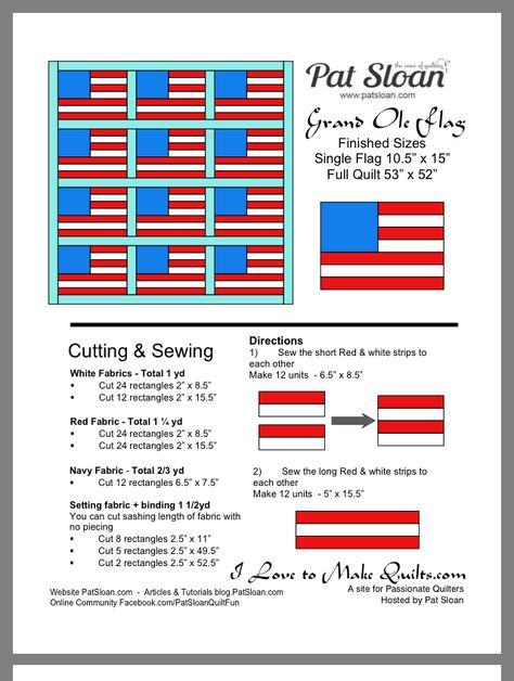 Flag Quilt Pattern, American Flag Quilt, Quilt Pattern Free, Shabby Chic Quilts, Quilt Blocks Easy, First Sewing Projects, Flag Quilt, Quilting Designs Patterns, Quilt Square Patterns