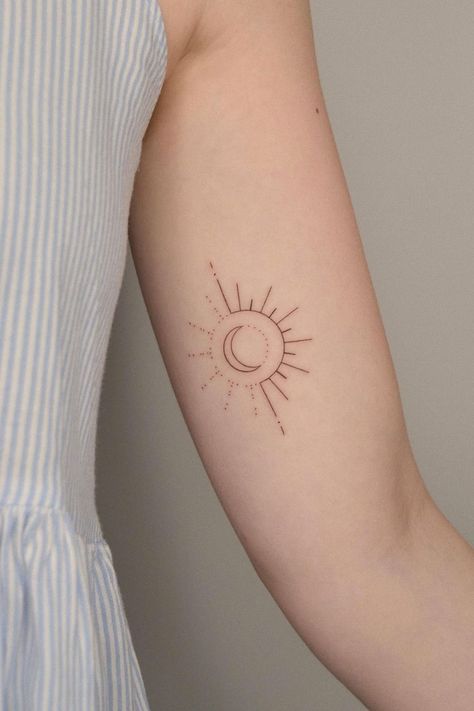 38 Amazing Small Sun and Moon Tattoo Ideas Moon With Lines Tattoo, Sun On Wrist Tattoo, Sun Moon And Stars Tattoo Shoulder, Fine Line Moon And Sun Tattoo, Triangle Moon Tattoo, Sun Moon Minimalist Tattoo, Sun And Moon Tattoo Designs For Women, Sun And Moon Minimalist Tattoo, Fine Line Sun And Moon Tattoo