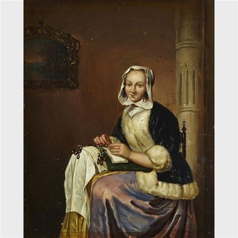 Gabriel Metsu WOMAN MAKING LACE Oil on white metal  8.3" / 21.0cm (height) x 6.5" / 16.5cm (width) Gabriel Metsu, Woman Writing, Koloman Moser, Francisco Goya, Writing Letters, Dutch Golden Age, Hieronymus Bosch, Women Writing, Johannes Vermeer