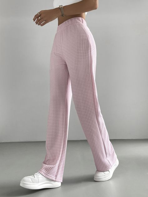 Plaid Two Piece Outfit, Pink Pj Pants, Two Piece Outfits Pants, Plaid Pants Outfit, Business Outfits Women, Cute Pants, Everyday Fashion Outfits, Printed Wide Leg Pants, High Waist Pants