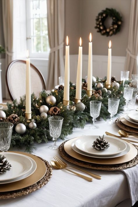 Transform your holiday table into a show-stopping masterpiece! Discover the secrets to creating a luxurious Christmas tablescape with our step-by-step guide. From napkin folding techniques to centerpiece arrangements, learn how to layer textures and colors for maximum impact. Includes shopping sources and setup timeline! #ChristmasTablescape #HolidayEntertaining #ElegantChristmas Christmas Dinner Table Settings Centerpieces Party Ideas, Elegant Christmas Dinner Table Decor, Christmas Table Setup, Christmas Table Deco, Elegant Christmas Dinner, Christmas Dining Table Decorations, Centerpiece Arrangements, Christmas Dinner Table Settings, Christmas Napkin Folding