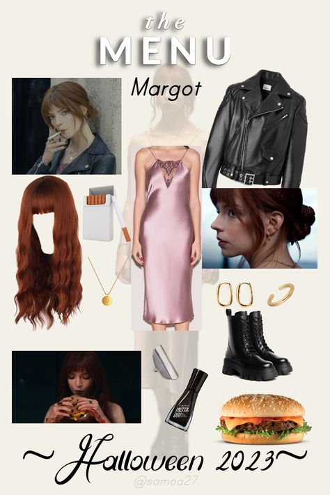 Image board showing screenshots from the film "The Menu", starring Anya Taylor-Joy as Margot. Pieces of the costume include a purple slip dress, black leather jacket, black combat boots, a gold necklace, earrings, and ear cuff, red wig, silver rings, black nail polish, and a hamburger The Menu Anya Taylor Joy, Halloween Costumes With Leather Jacket, The Menu Margot, Leather Jacket Halloween Costume, Long Black Dress Halloween Costume, Halloween Costumes With Bangs, Black Dress Halloween Costume, The Menu, Solo Costume