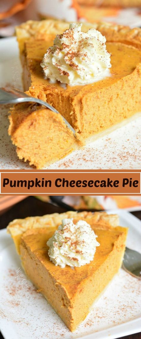 This PUMPKIN CHEESECAKE PIE is a combination of a classic pumpkin pie with silky creaminess of a cheesecake. This easy dessert is perfect to serve at holiday dinners or just because you feel like having a pumpkin treat. #pumpkin #pie #cheesecake #dessert #holiday #pumpkinpie Pumpkin Cheesecake Pie, Dessert Holiday, Classic Pumpkin Pie, Pumpkin Pie Cheesecake, Pie Cheesecake, Best Pumpkin Pie, Cheesecake Pie, Easy Pumpkin Pie, Dessert Simple