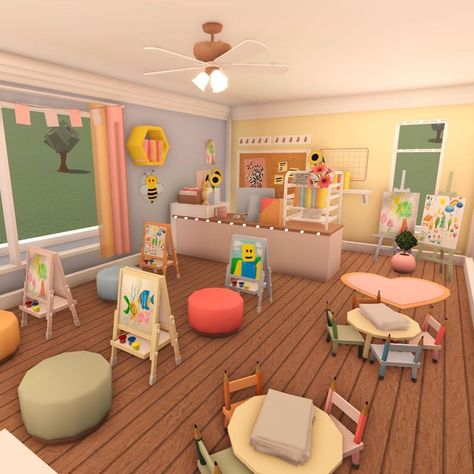 Daycare Interior Design, Daycare Layout, Bloxburg School, Daycare Art, Bloxburg Decals Codes Aesthetic, School Decal, Blocksburg Room Ideas￼, Free House Design, House Decals