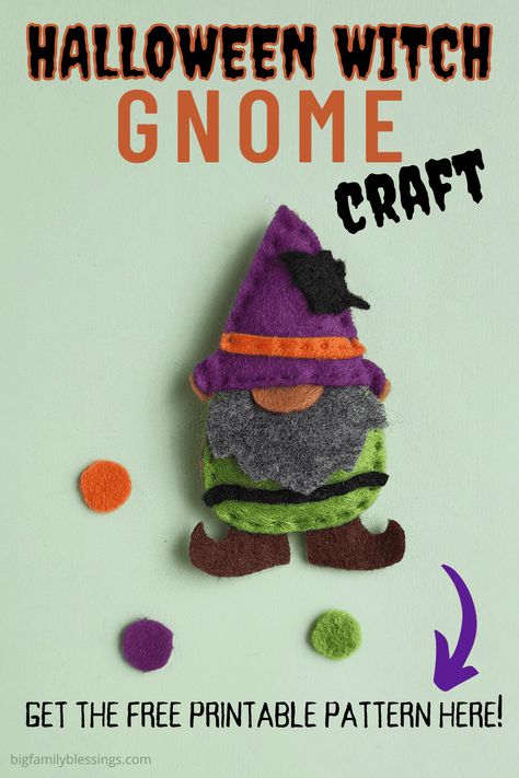 Make this cute Halloween Gnome Witch out of felt with the free printable pattern. Cute Halloween hand sewing craft for kids and adults. Seasonal Gnomes Diy, Gnome Witch, Felt Gnome Ornament Free Pattern, Felt Gnomes, Felt Halloween Ornaments, Diy Crafts Easy At Home, Kids Sewing Machine, Halloween Felt Crafts, Fun Halloween Games