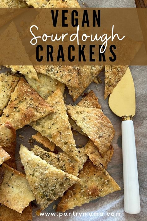 Vegan Sourdough Crackers [cheesy flavor] Vegan Sourdough Crackers, Vegan Sourdough Discard Crackers, Vegan Sourdough Pasta, Vegan Sourdough Recipes, Vegan Sourdough Discard Recipes, Bakery Stand, Discard Crackers, Pantry Mama, Sourdough Crackers