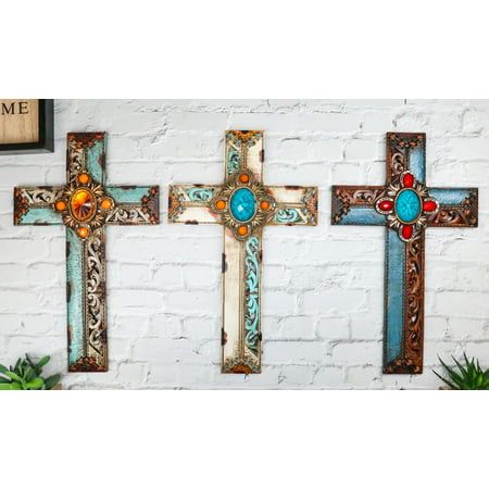 These beautiful Wall Crosses are made of resin, handpainted and polished individually.  These beautiful Wall Crosses each measures 12" High, 7.25" Wide and 1" Thick approximately. Each weighs about 12 ounces.  These hanging wall crosses are the perfect addition to any home of faith. Their unique style and flair are sure to become a welcome staple of any room. Consider these crosses as gifts for any of your faithful friends or family.  Props in photos are not included with the items. This listing Family Props, Faux Wood Wall, Wood Wall Cross, Skull Wall Decor, Feather Wall Decor, Sunflower Hearts, Mosaic Crosses, Prayer Wall, Gift Catalog