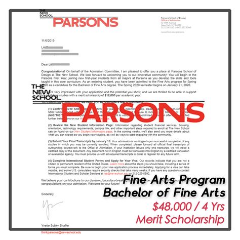 We're proud to announce that  one of New York Art Studio's Portfolio  Preparation Program students this year,  Lin got accepted into PARSONS Bachelor of Fine Arts- Fine Arts Major with $48,000/4yrs Merit Scholarship  for 2020 Spring semester. Parsons School Of Design Aesthetic, Parsons Portfolio, Scholarship Acceptance, Fine Arts Major, College Ready, Graduate College, College Vision Board, Summer Vision, College Acceptance