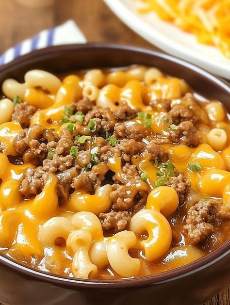 Crockpot Recipes Lover | One-Pot Macaroni Cheeseburger Soup – NO VELVEETA | Facebook Chilli Recipe Crockpot Beef, One Pot Macaroni Cheeseburger Soup, Macaroni Cheeseburger Soup, Crockpot Cheeseburger Macaroni, Chilli Recipe Crockpot, Hamburger Macaroni, Cheeseburger Soup Crockpot, Velveeta Recipes, Crockpot Dinners