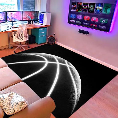 Sports Theme Game Room, Teen Basketball Room, Basketball Bedroom Ideas Boys, Boys Basketball Room, Pre Teen Boys Room, Boys Basketball Bedroom, Basketball Rug, Basketball Room Decor, Yoga Corner