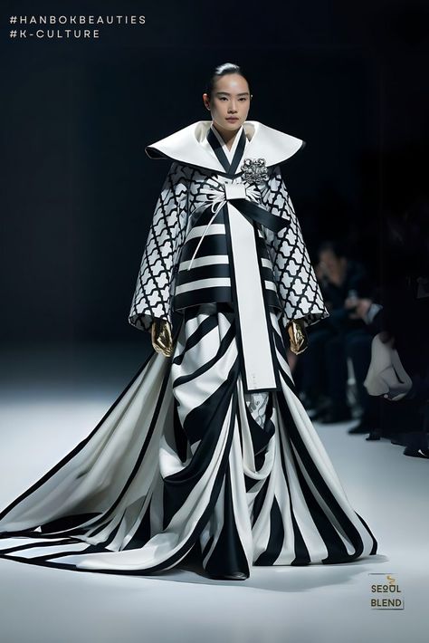 Hanbok re-imagined: Black-and-White Opulence Beautiful Hanbok, Fashion Avant Garde, Avante Garde Fashion, Monochromatic Pattern, Avant Grade, Modern Hanbok, Geometric Fashion, Draped Skirt, Traditional Korean