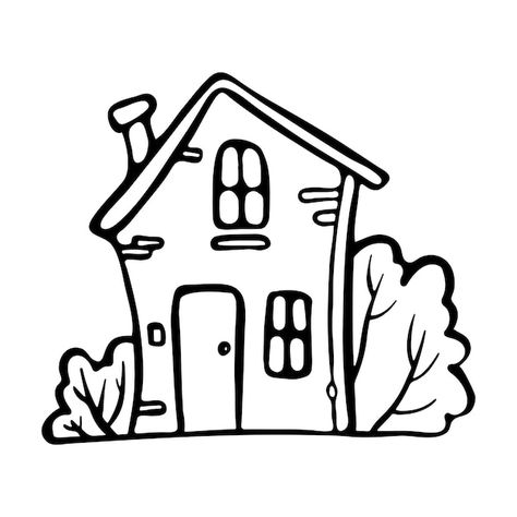 Cute house with bushes outline doodle ca... | Premium Vector #Freepik #vector #brick-house #cute-house #house-line-art #flat-house Brick House Drawing, House Outline Drawing, Outline Drawing Tattoo, Drawing Outlines, House Outline, Flat House, Doodle Cartoon, House Drawing, Cute House