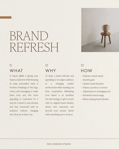 Brand Refresh VS. Rebrand ✨ While both a brand refresh and a rebrand aim to enhance a company's image and market position, the extent of changes and the level of continuity with the existing brand identity distinguish the two strategies. A brand refresh involves updating certain elements while maintaining the core identity, whereas a rebrand involves a more comprehensive overhaul, including changes to the brand's name, visual identity, and messaging. . . . #branding #nowbooking #modernbran... Rebrand Aesthetic, Aperitivo Hour, Brow Business, Pitch Template, Web Design Websites, Social Media Content Planner, Guideline Template, Business Graphics, Social Media Branding Design