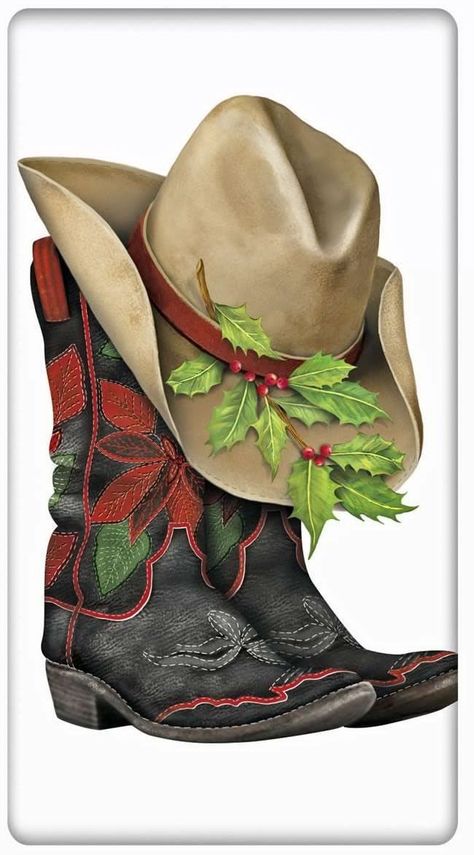 Art Boots, Holly Print, Texas Christmas, Christmas Rock, Cowboy Christmas, Cowboy Art, Western Christmas, Flour Sack Towels, Cow Boy