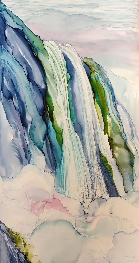 Alcohol Ink Leaves, Alcohol Ink Landscape, Alcohol Art, Watercolor Scenery, Waterfall Paintings, Watercolor Paintings Nature, Alcohol Ink Crafts, Ink Paintings, Watercolor Pictures