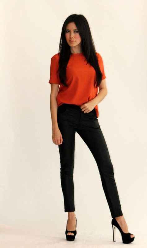 orange blouse and black pants Blouse And Black Pants, Orange Top Outfit, Red Short Sleeve Blouse, Fox Costume, Austin Style, Orange Blouse, Orange Top, Orange Shirt, Short Sleeve Blouse