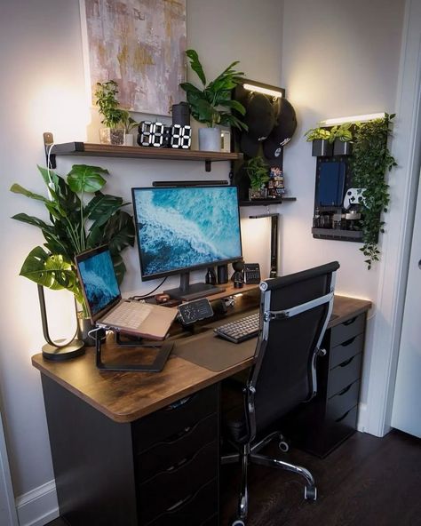 Stylish setup by @_lifeofsx || All product links are in bio 🏷 || Tag or Send us to be uploaded - Follow @itsworkflow - #setups #m1mac #setupinformation #macsetup #setup #workflow #isetups #itsworkflow #desksetup #officevibes #workspace #workspaceinspo #deskdecor #setupwars #plannersetup #dreamdesk #designerdesk #smarthome #homekit #WorkFromHome #wfhsetup #minimalsetup Plant Desk Setup, Tropical Desk, Studio In Casa, Workstation Ideas, Cozy Setup, Workspace Setup, Bedroom Workspace, Cozy Workspace, Industrial Home Offices