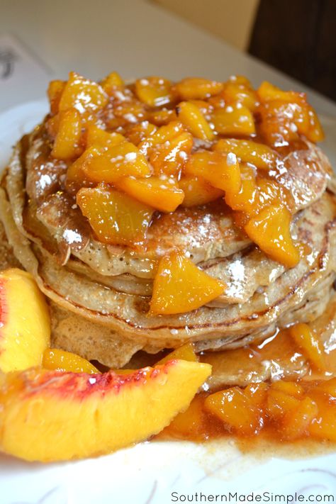 Recipe For Pancakes, Peach Pancakes, Peach Compote, Peach Sauce, Compote Recipe, Pancake Toppings, Fruit Toppings, Canned Peaches, Peach Recipe