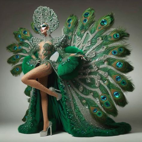 Peacock Carnival Costume, Peacock Burlesque Costume, Peacock Outfit Design, Recycled Gown, Worst Outfits, Peacock Feather Dress, Costumes Carnaval, Drag Queen Costumes, Fashion Show Themes