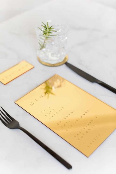 Chic Minimalist Wedding, Gold Wedding Stationery, Gold Mirror Acrylic, Foil Prints, Modern Minimalist Wedding, Modern Wedding Cake, Wedding Menu Cards, Bespoke Wedding, My Dress