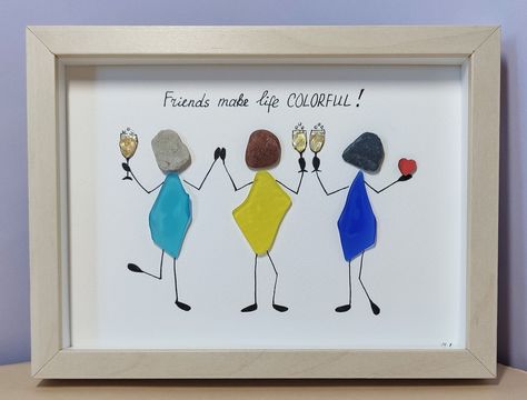 Friends Gift/ Pebble Art Friends Picture/ Sea Glass Friend - Etsy Australia Pebble Art Friends, Sea Glass Artwork, Sea Glass Gifts, Sea Glass Art Diy, Friend Art, Friendship Pictures, Sea Glass Art Projects, Friends Picture, Beach Glass Crafts