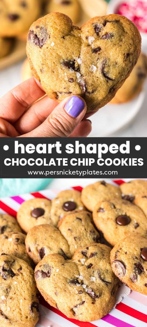 Heart Shaped Chocolate Chip Cookies are soft and chewy and full of chocolate. Perfect for Valentine's Day or anytime you want to make something special for someone you love. Chocolate Chip Shape Cookies, Valentine Chocolate Chip Cookies, Valentines Day Chocolate Chip Cookies, Heart Shaped Chocolate Chip Cookies, Shaped Chocolate Chip Cookies, Persnickety Plates, Valentines Recipes Desserts, Make Chocolate Chip Cookies, Heart Shaped Chocolate