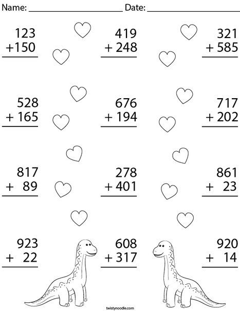 3 Digit Dino Addition Math Worksheet - Twisty Noodle Second Grade Math Worksheets, Helper Chart, Math Helper, Holiday Math Worksheets, 3 Digit Addition, Vedic Maths, Educational Websites For Kids, Mental Maths Worksheets, Math Card Games