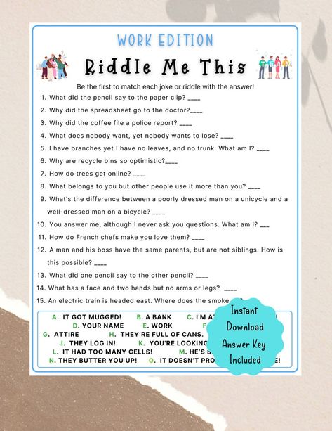 Office Party Printable Riddle Me This Game Coworker Staff Game Fun Work Party Game Office Retirement Party, Icebreaker Team Building - Etsy Customer Service Games For Work, Monthly Office Contests, Staff Ice Breakers Team Building, Workplace Engagement Ideas, Get To Know Your Coworkers, Grounding Activities, Team Building Activities For Coworkers, Staff Games, Staff Activities