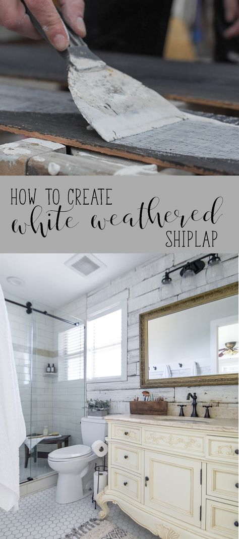 Create your own weathered white shiplap with this easy tutorial!  | DIY - White weathered wood Distressed White Shiplap Wall, Weathered Shiplap Wall, White Washed Shiplap Wall, White Wash Shiplap Wall, Distressed Shiplap Wall, White Shiplap Bedroom, White Shiplap Kitchen, Shiplap Inspiration, White Photobooth